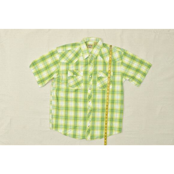 Moda Tech Men Green Yellow Plaid Western Snap Shirt Short Sleeve Regular Size L - Picture 4 of 8